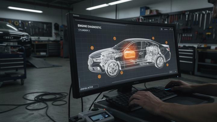 Vehicle schematic displayed on a workshop diagnostic console